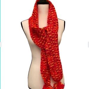 HAND KNIIT Scarf 🧣 With Pom Poms Beautiful Red